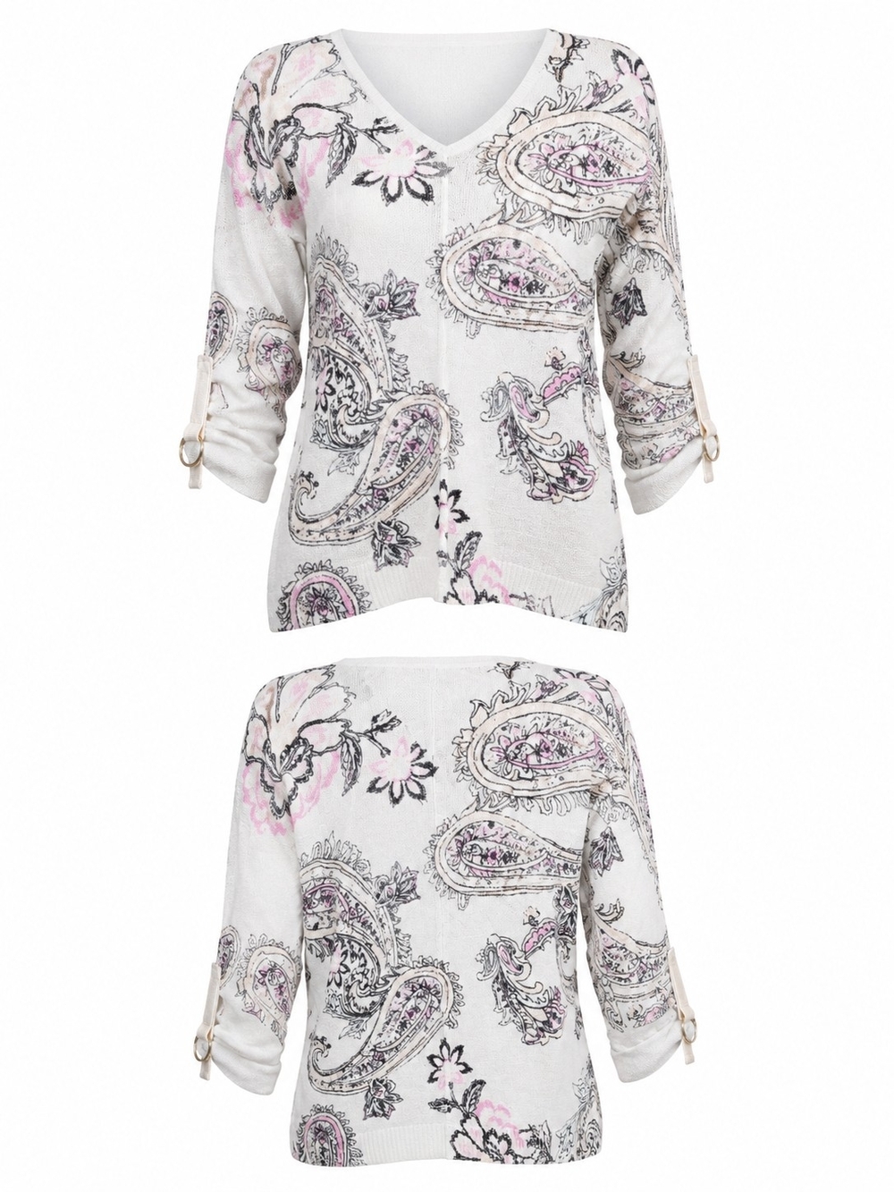 CHICO'S | Paisley Floral Roll Tab D-Ring Knit Sweater Cream Pink Peach | L‎
